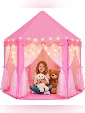 Pink Princess Castle Play Tent with Fairy Lights for Kids